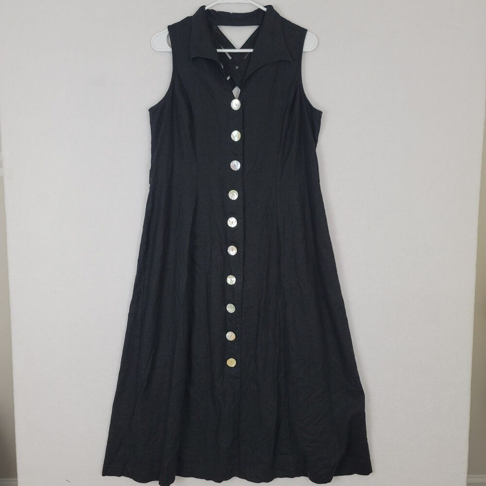 Black Midi Sleeveless Medium Dress Pearlized Buttons 90s Lagenlook Crunchy Natur
